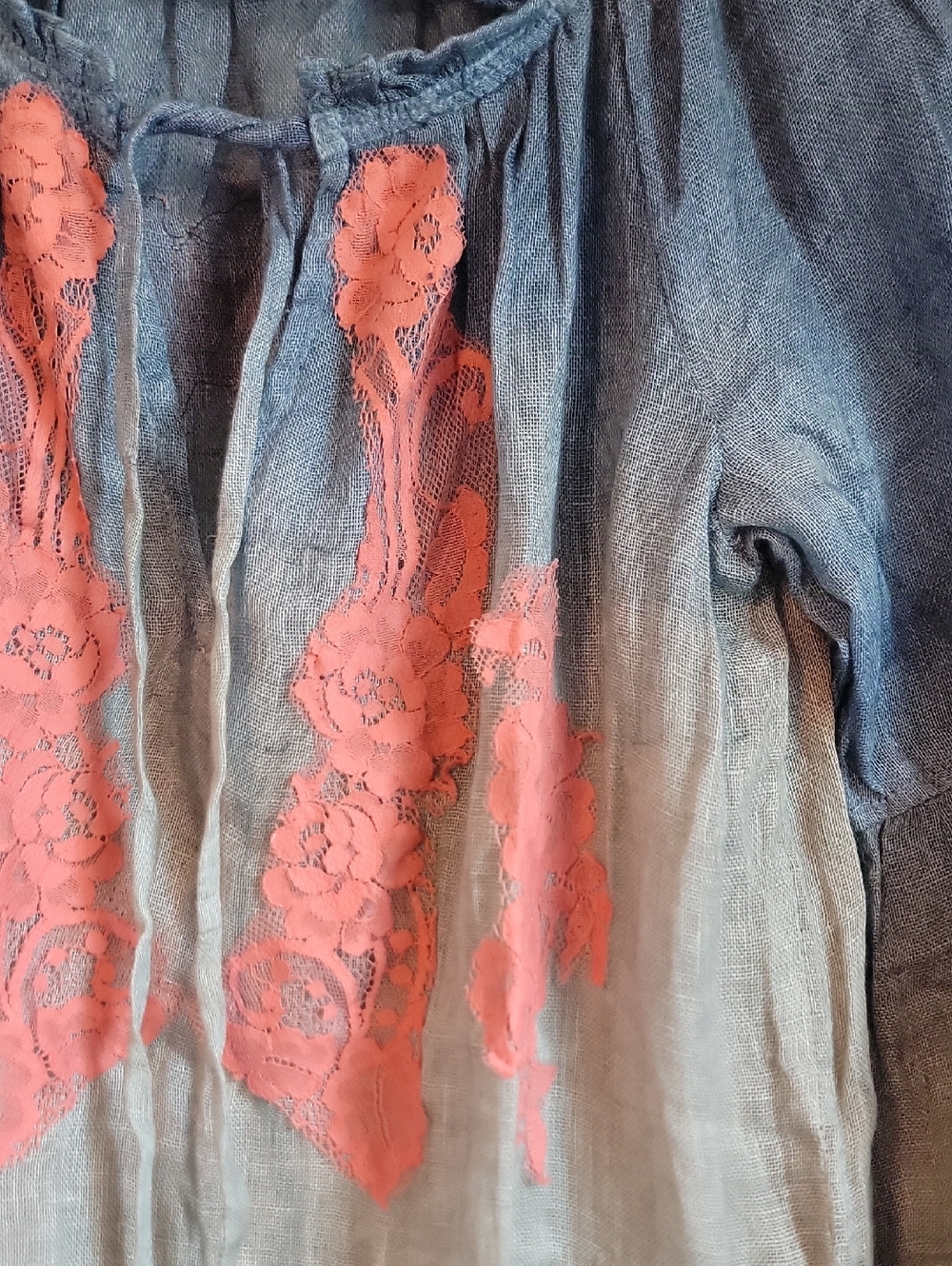Sundance Blue Linen Texture Top Blue Hombre Lace Shirt Xs X Small New - Picture 2 of 6